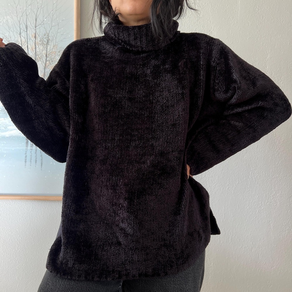 Vintage 90s Chenille Turtleneck Sweater Black Plush Cozy Minimalist Pullover - Picture 2 of 14